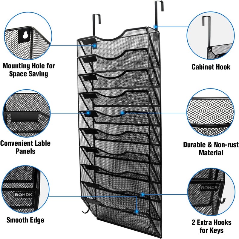 BOHDK Wall File Organizer, 10 Tire Hanging File Folder Mail Organizer, Vertical Mesh Metal Door/Wall Mount Hanging File Holder, Paper Document Magazine Rack with Hooks for Home Office Black - Image 3